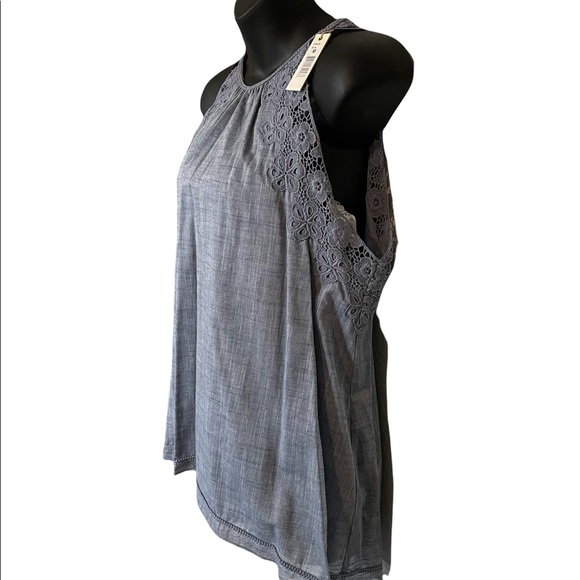Max Studio Neiman Marcus Lace Adjustable High Low Halter Top | Gray | Medium - Picture 3 of 7